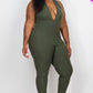 Halter V Neck Ribbed Bodycon Jumpsuit