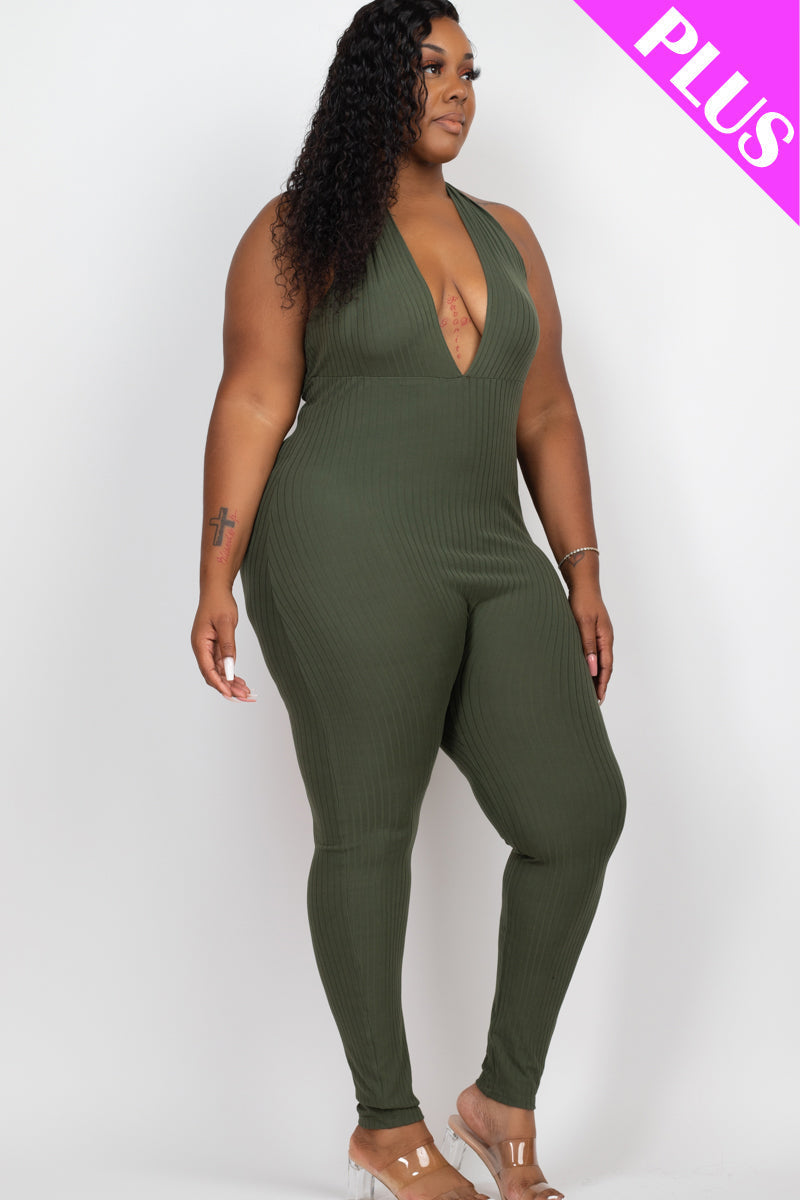 Halter V Neck Ribbed Bodycon Jumpsuit