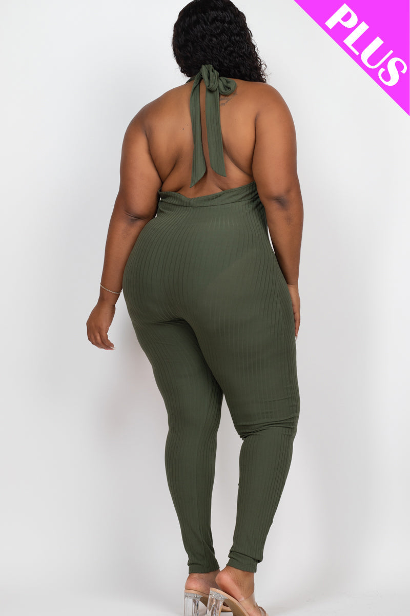Halter V Neck Ribbed Bodycon Jumpsuit