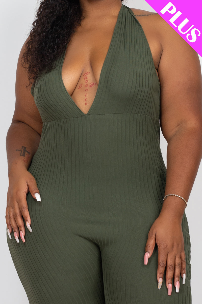 Halter V Neck Ribbed Bodycon Jumpsuit
