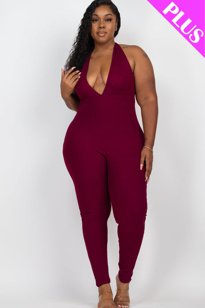 Halter V Neck Ribbed Bodycon Jumpsuit