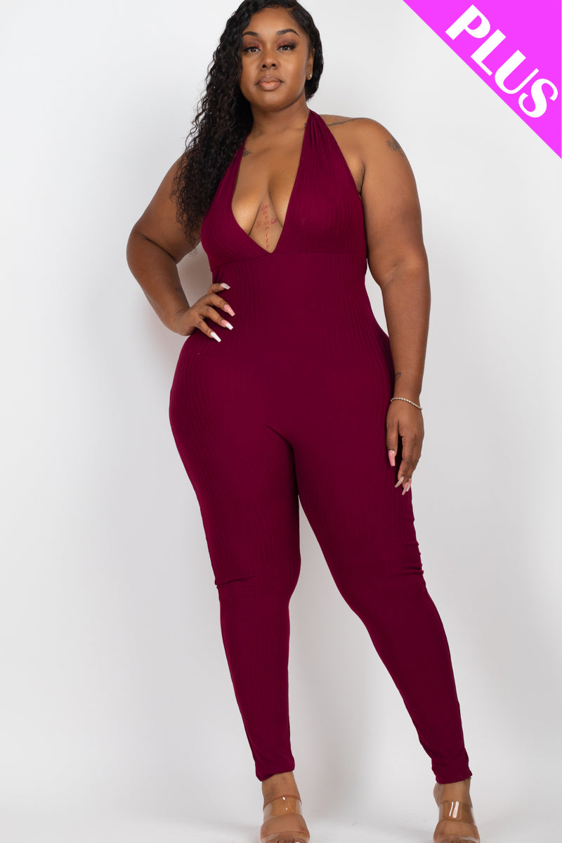 Halter V Neck Ribbed Bodycon Jumpsuit