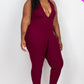 Halter V Neck Ribbed Bodycon Jumpsuit