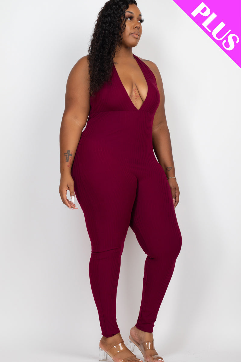Halter V Neck Ribbed Bodycon Jumpsuit