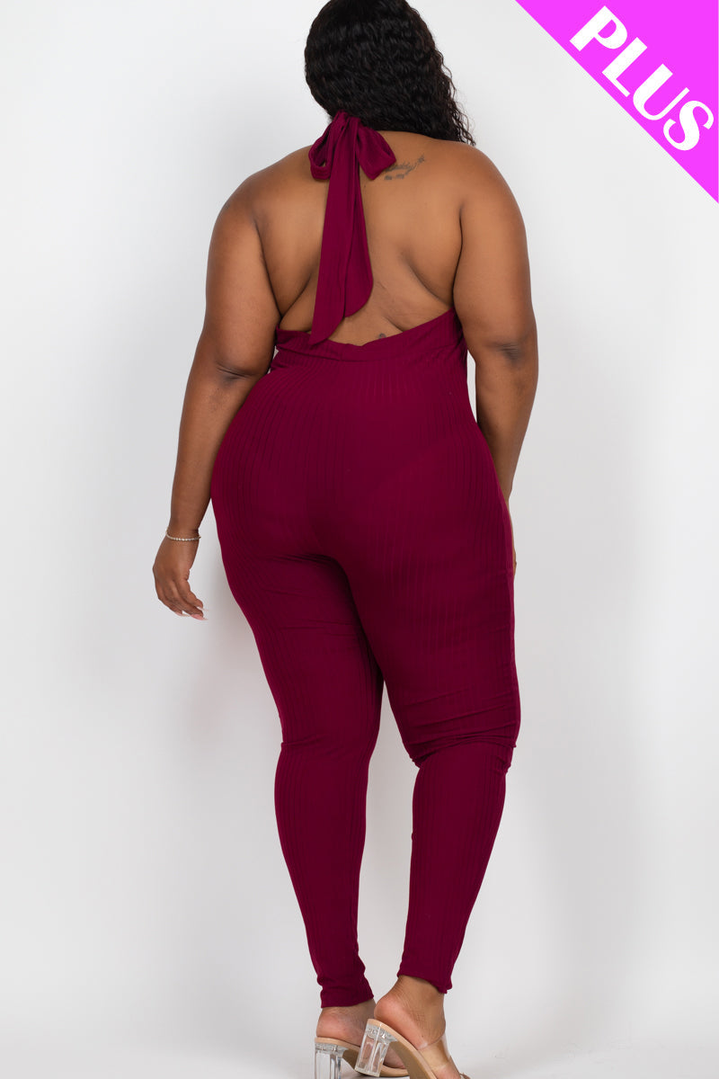 Halter V Neck Ribbed Bodycon Jumpsuit