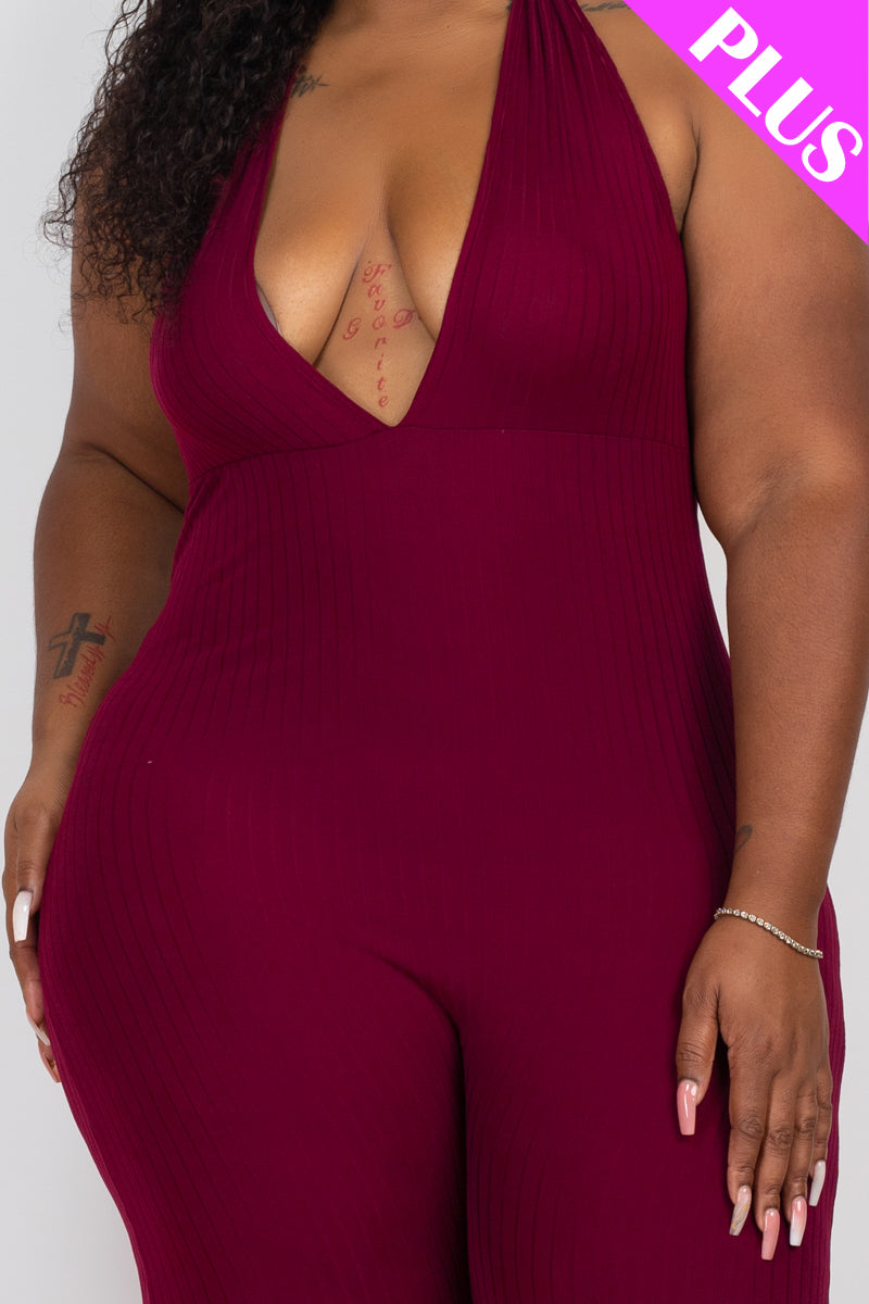 Halter V Neck Ribbed Bodycon Jumpsuit