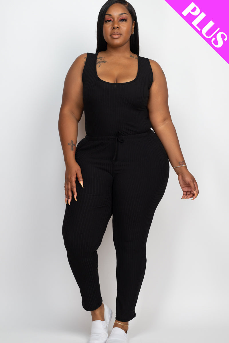 Ribbed Sleeveless Drawstring Waist Jumpsuit