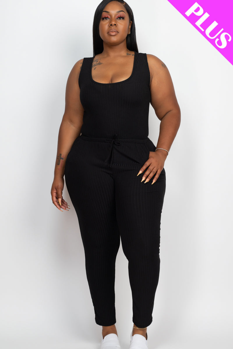 Ribbed Sleeveless Drawstring Waist Jumpsuit