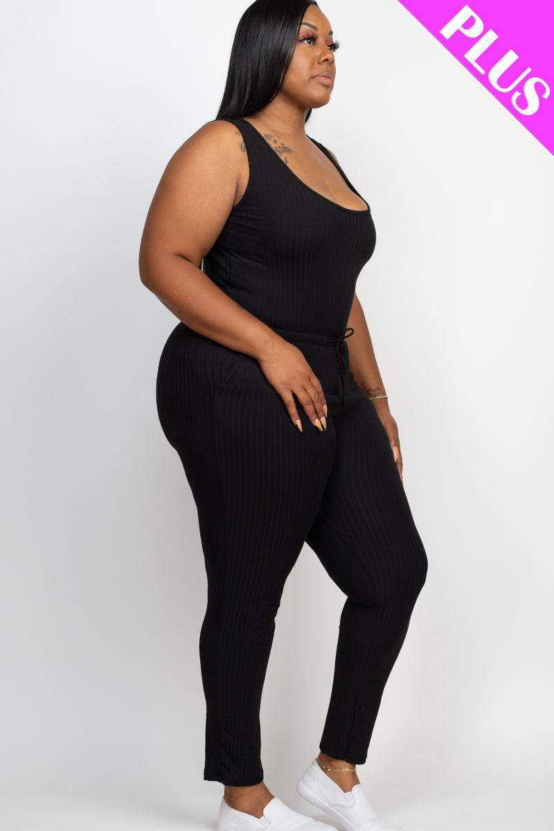 Ribbed Sleeveless Drawstring Waist Jumpsuit