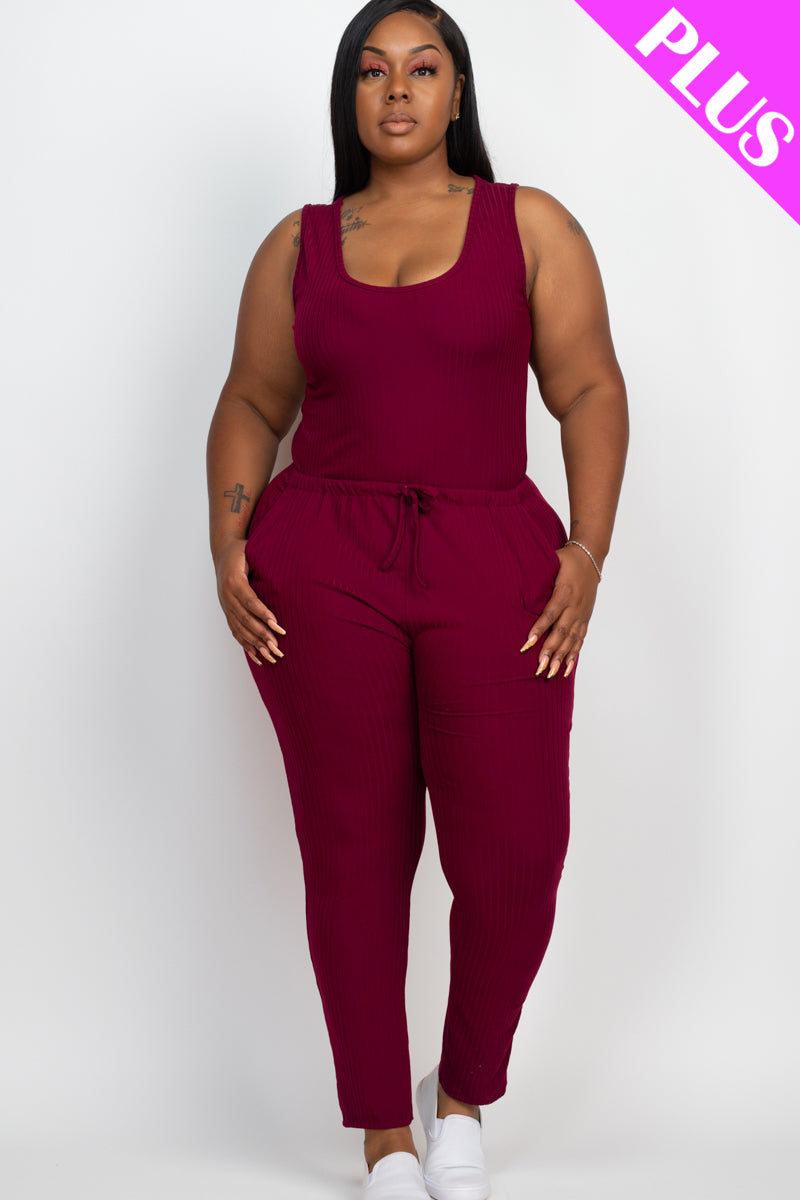Ribbed Sleeveless Drawstring Waist Jumpsuit