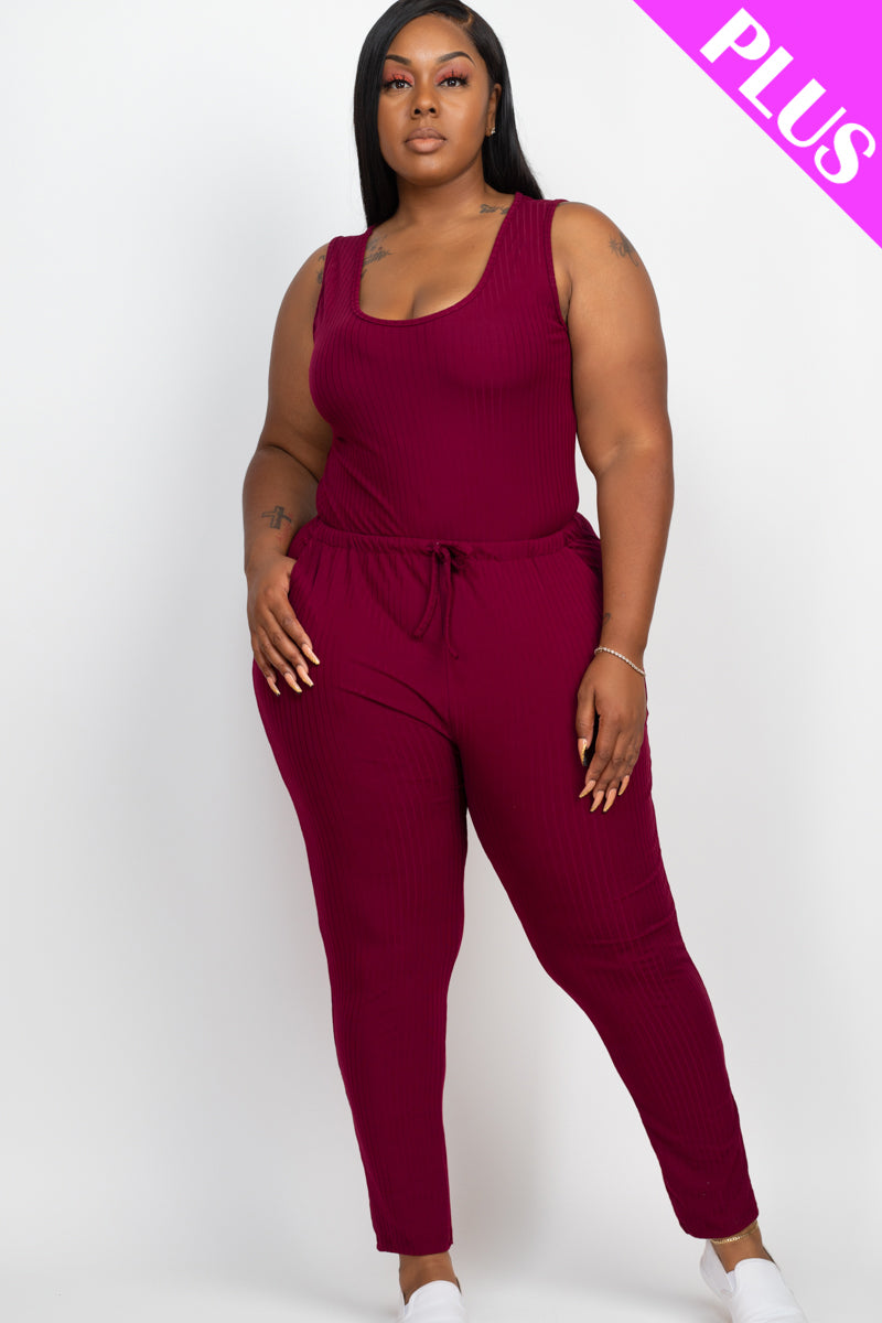 Ribbed Sleeveless Drawstring Waist Jumpsuit