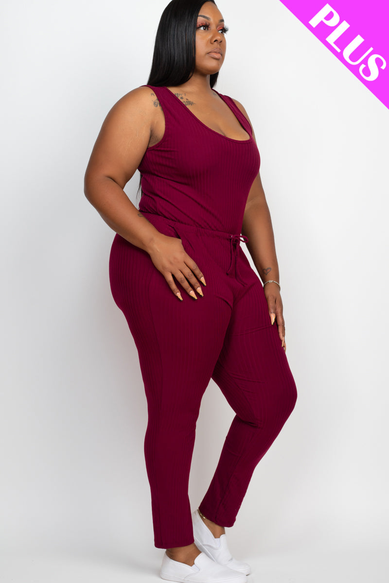 Ribbed Sleeveless Drawstring Waist Jumpsuit
