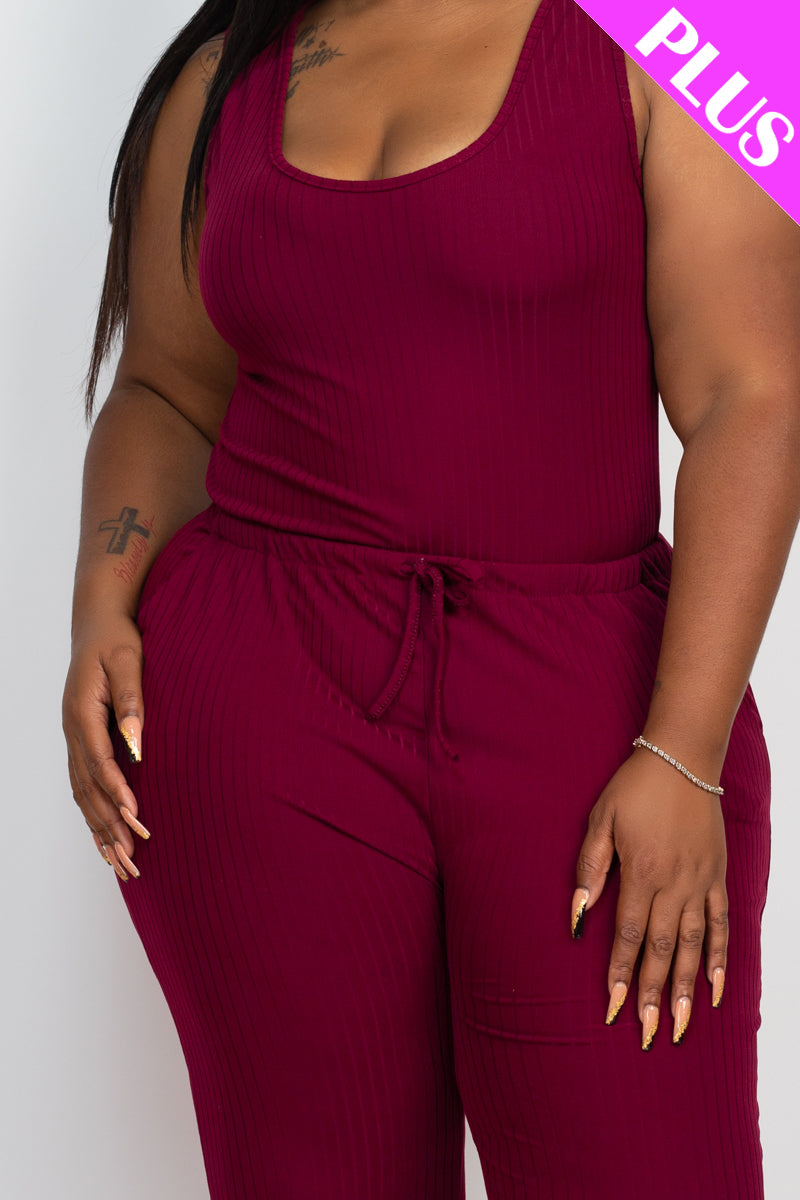 Ribbed Sleeveless Drawstring Waist Jumpsuit