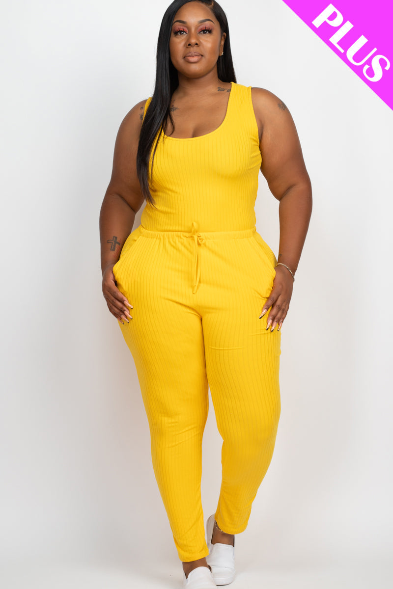 Ribbed Sleeveless Drawstring Waist Jumpsuit