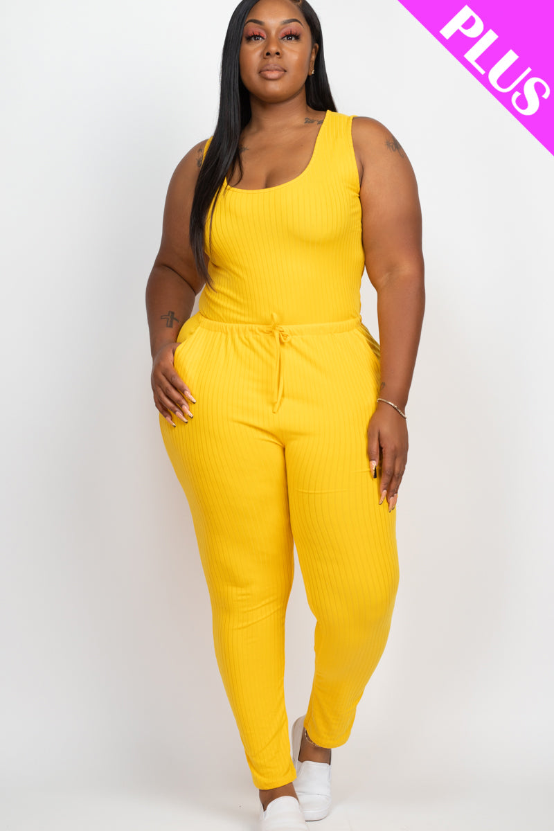 Ribbed Sleeveless Drawstring Waist Jumpsuit