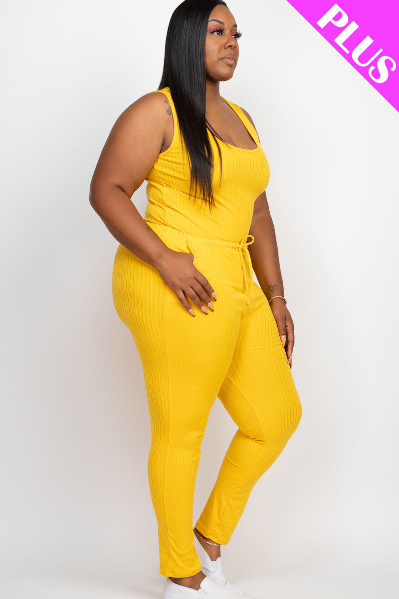 Ribbed Sleeveless Drawstring Waist Jumpsuit