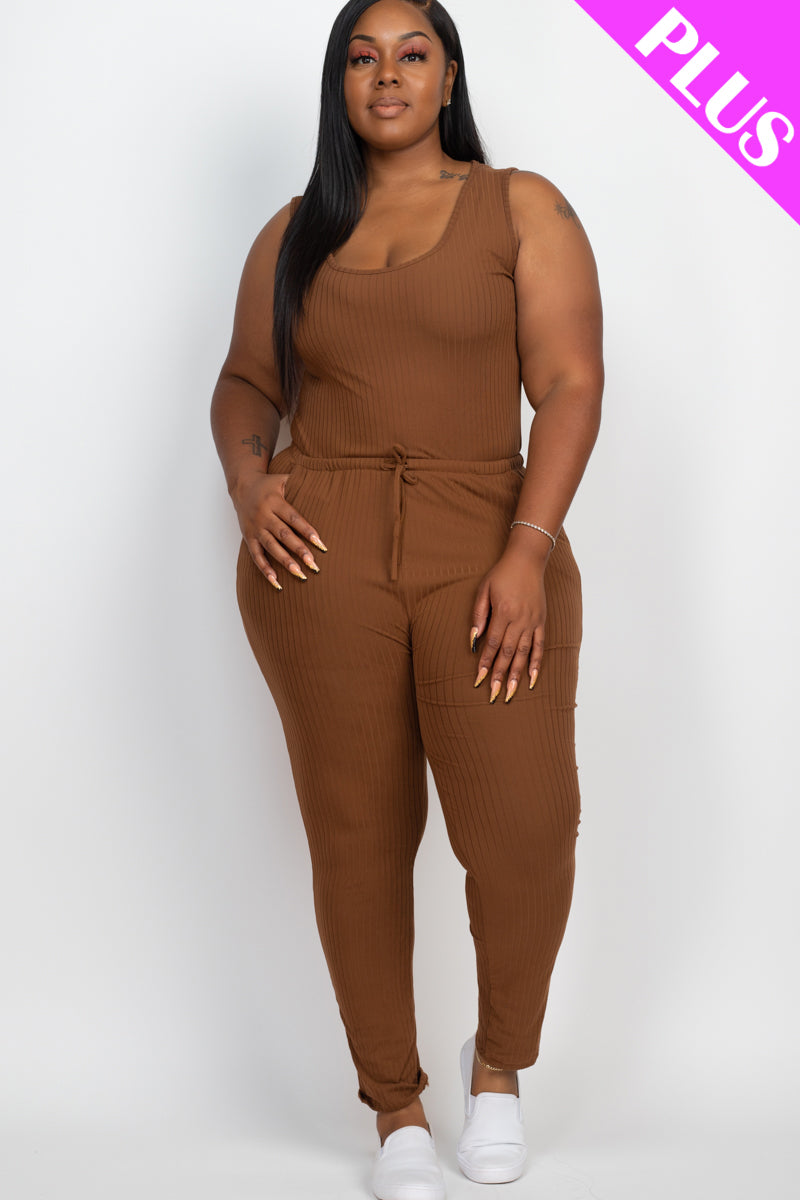 Ribbed Sleeveless Drawstring Waist Jumpsuit