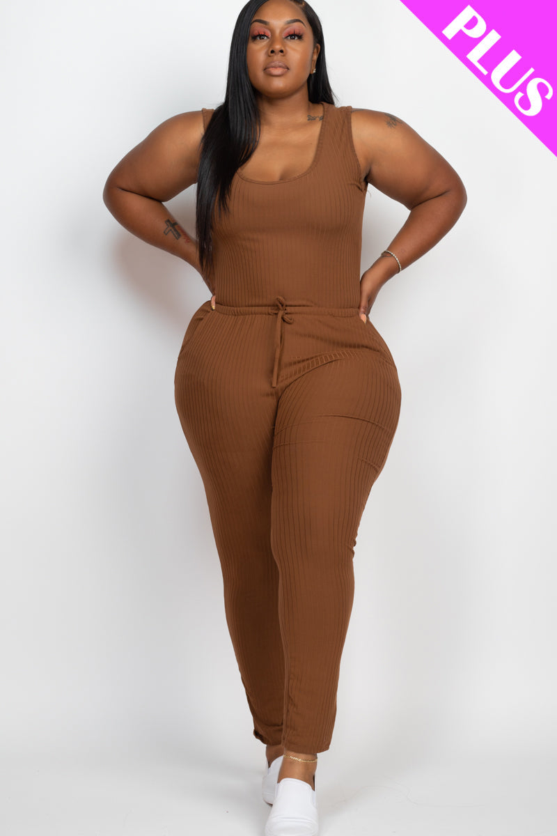 Ribbed Sleeveless Drawstring Waist Jumpsuit