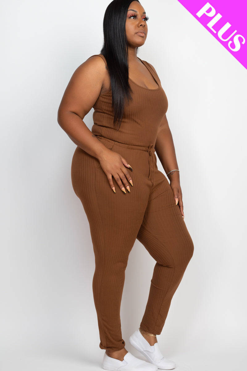 Ribbed Sleeveless Drawstring Waist Jumpsuit