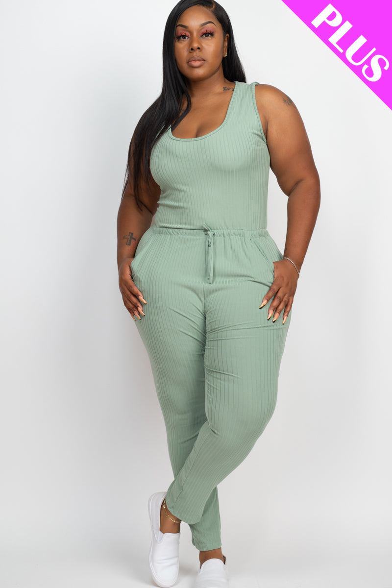 Ribbed Sleeveless Drawstring Waist Jumpsuit