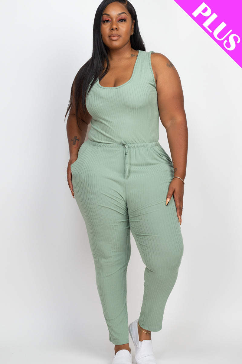 Ribbed Sleeveless Drawstring Waist Jumpsuit