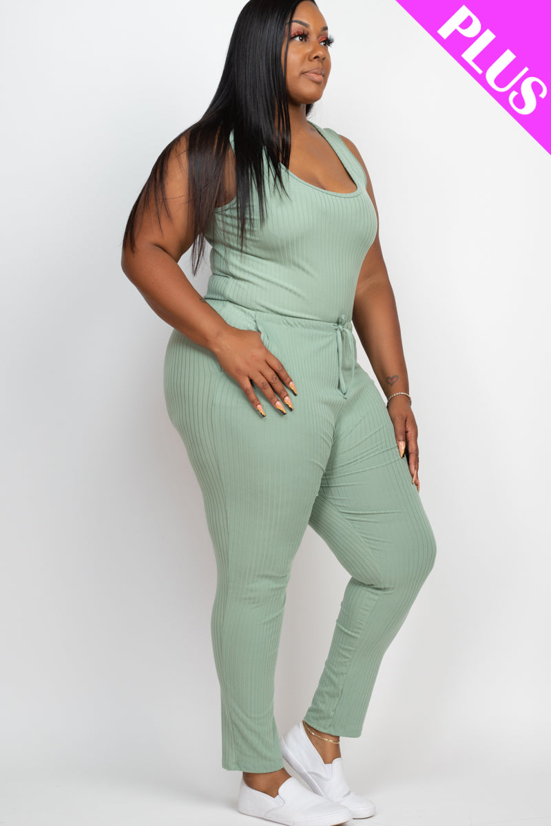 Ribbed Sleeveless Drawstring Waist Jumpsuit