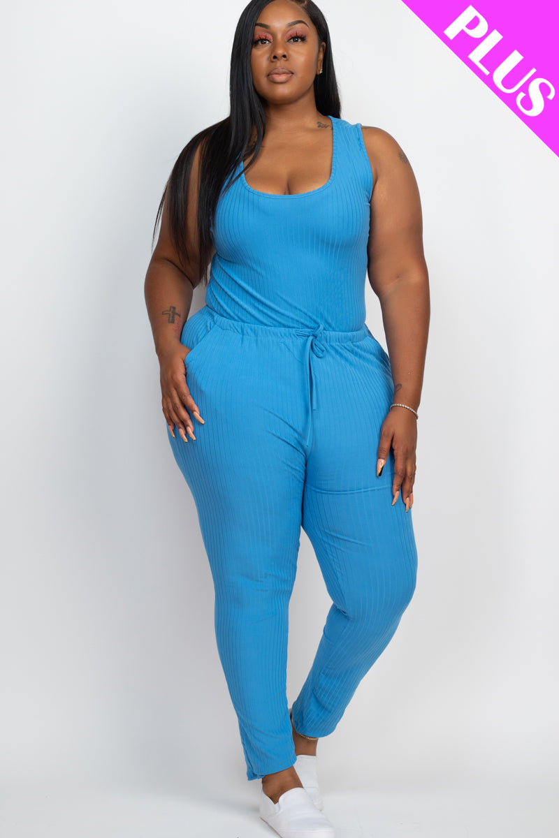 Ribbed Sleeveless Drawstring Waist Jumpsuit