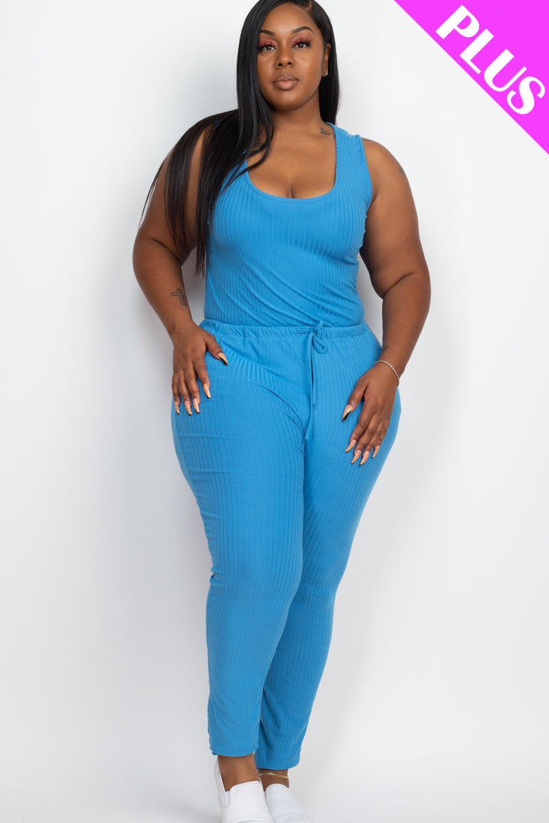 Ribbed Sleeveless Drawstring Waist Jumpsuit