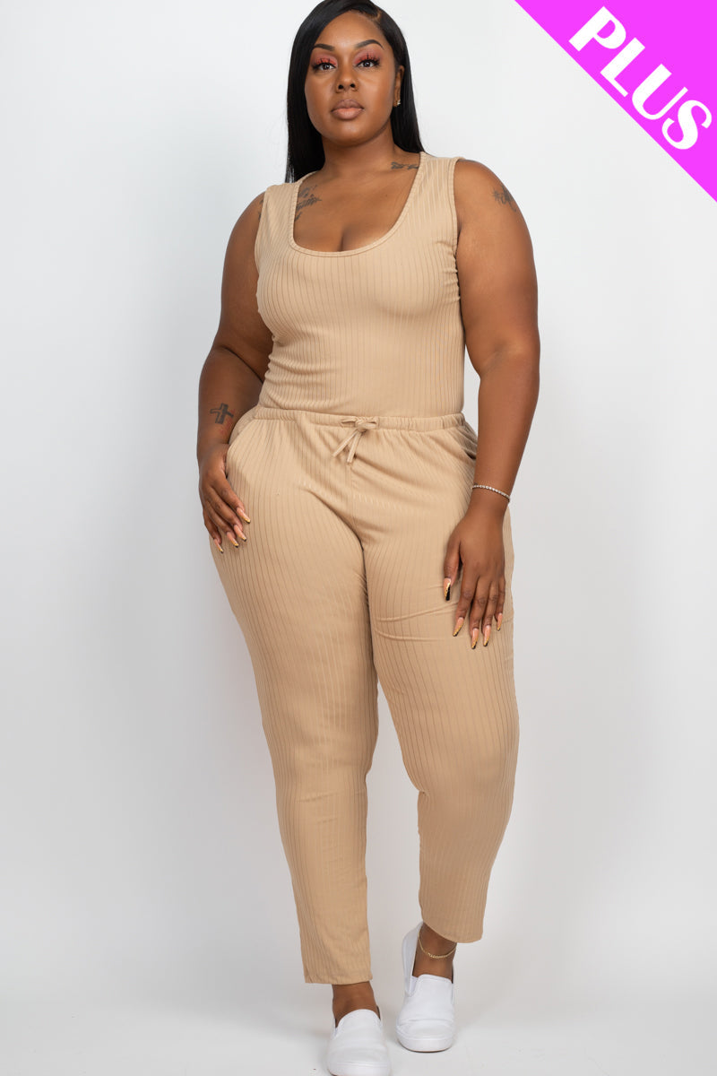 Ribbed Sleeveless Drawstring Waist Jumpsuit
