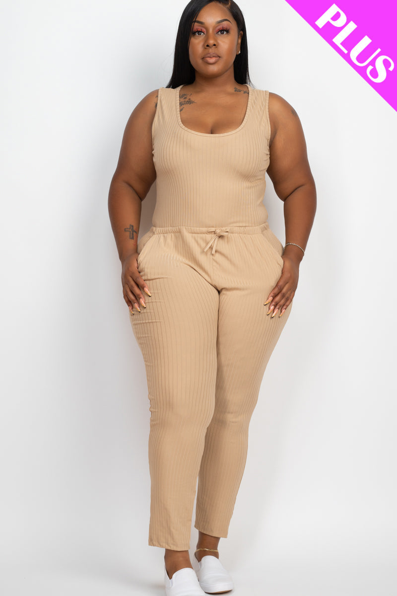 Ribbed Sleeveless Drawstring Waist Jumpsuit