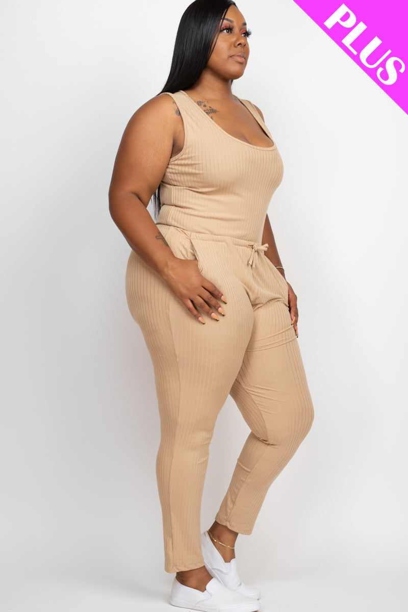Ribbed Sleeveless Drawstring Waist Jumpsuit