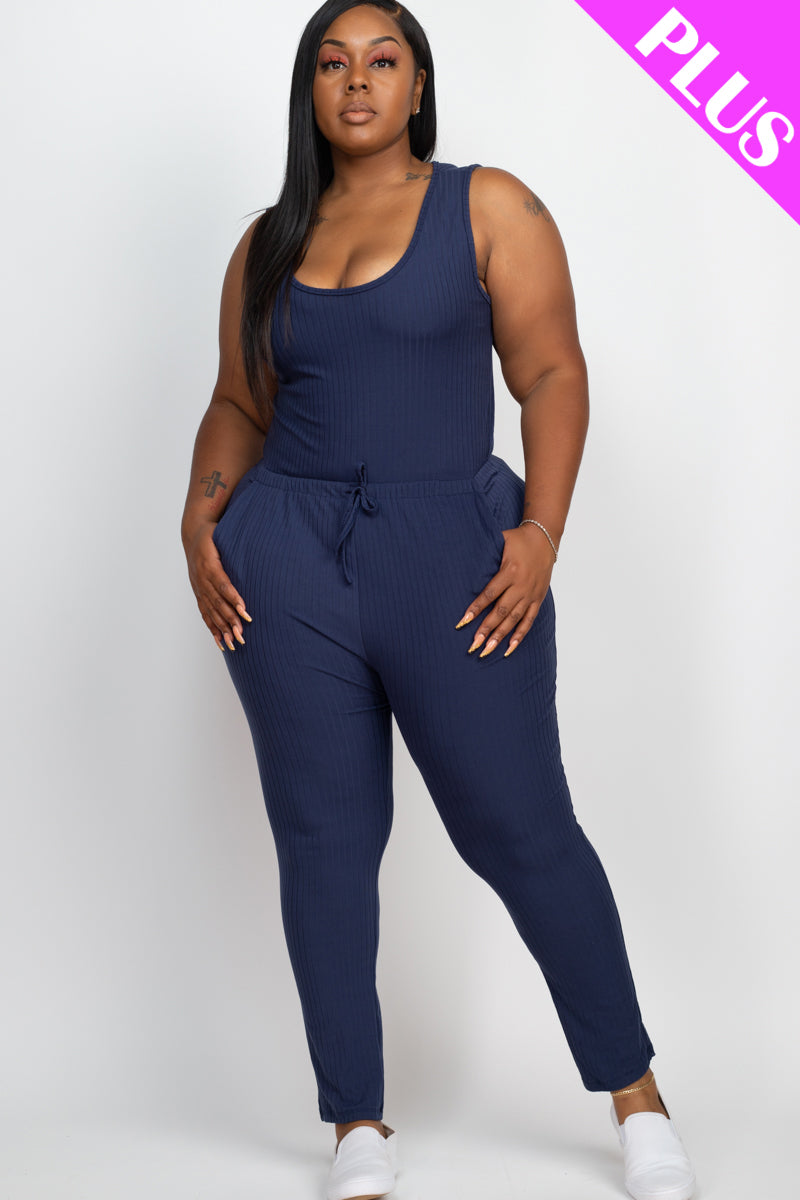 Ribbed Sleeveless Drawstring Waist Jumpsuit