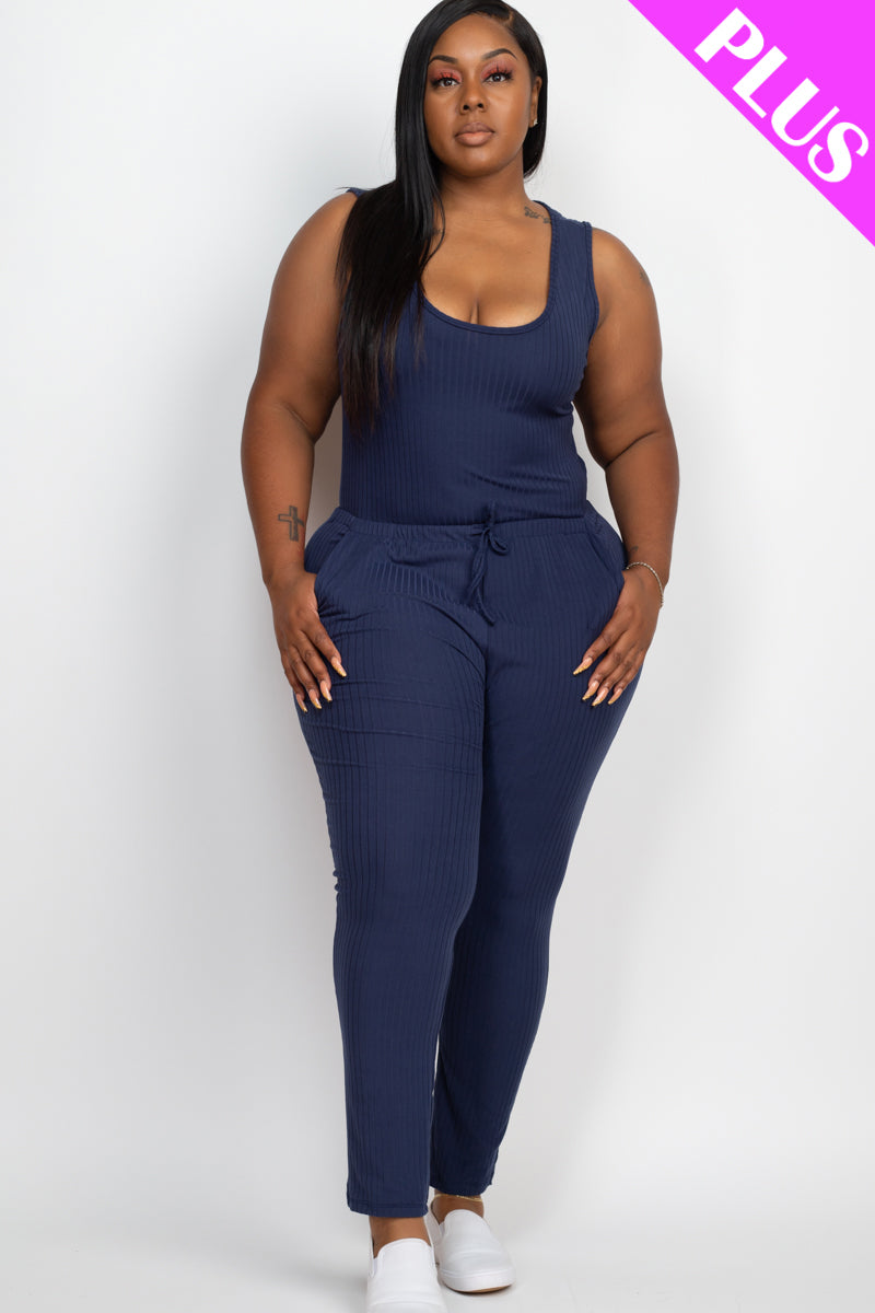 Ribbed Sleeveless Drawstring Waist Jumpsuit