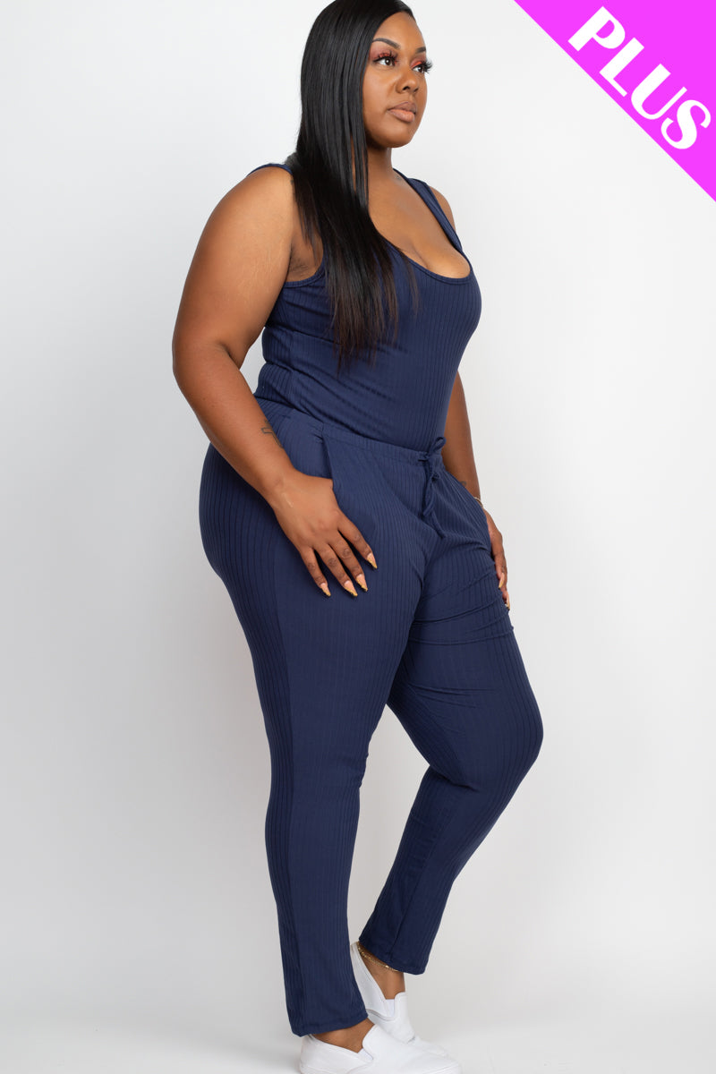 Ribbed Sleeveless Drawstring Waist Jumpsuit