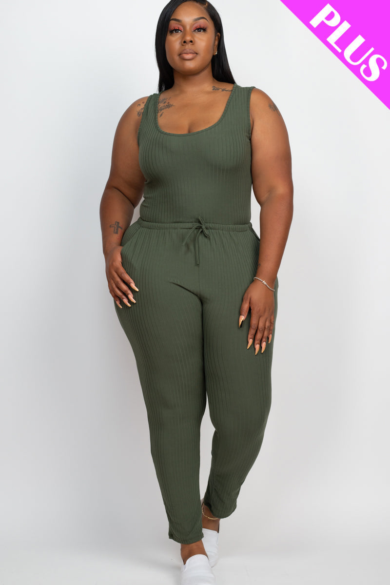 Ribbed Sleeveless Drawstring Waist Jumpsuit