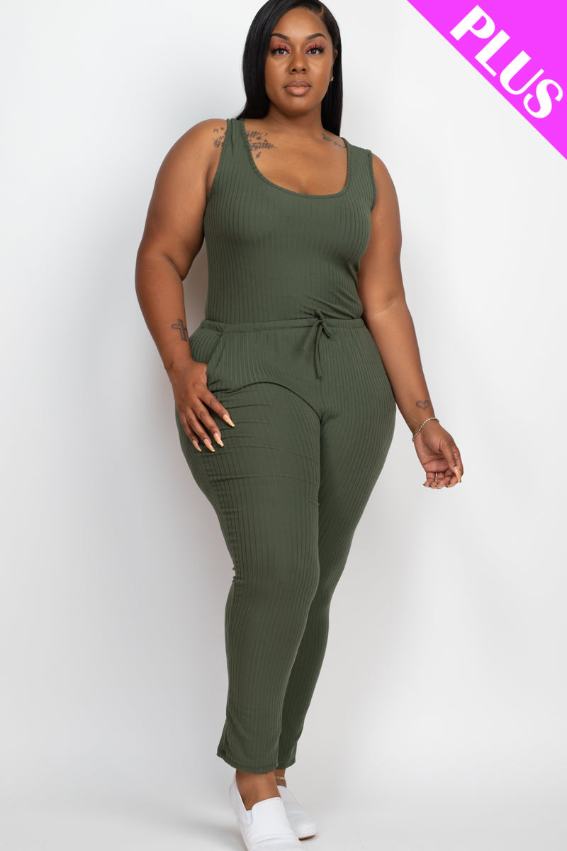 Ribbed Sleeveless Drawstring Waist Jumpsuit