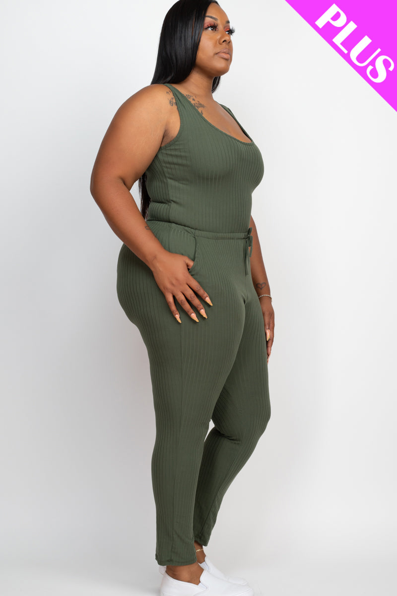 Ribbed Sleeveless Drawstring Waist Jumpsuit