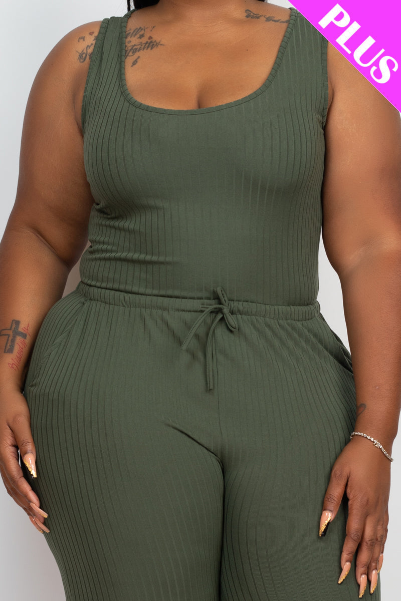 Ribbed Sleeveless Drawstring Waist Jumpsuit