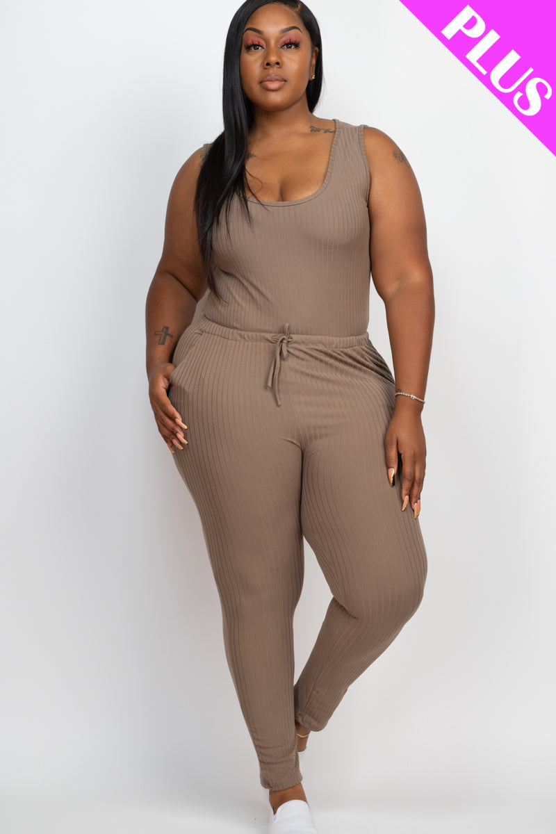 Ribbed Sleeveless Drawstring Waist Jumpsuit
