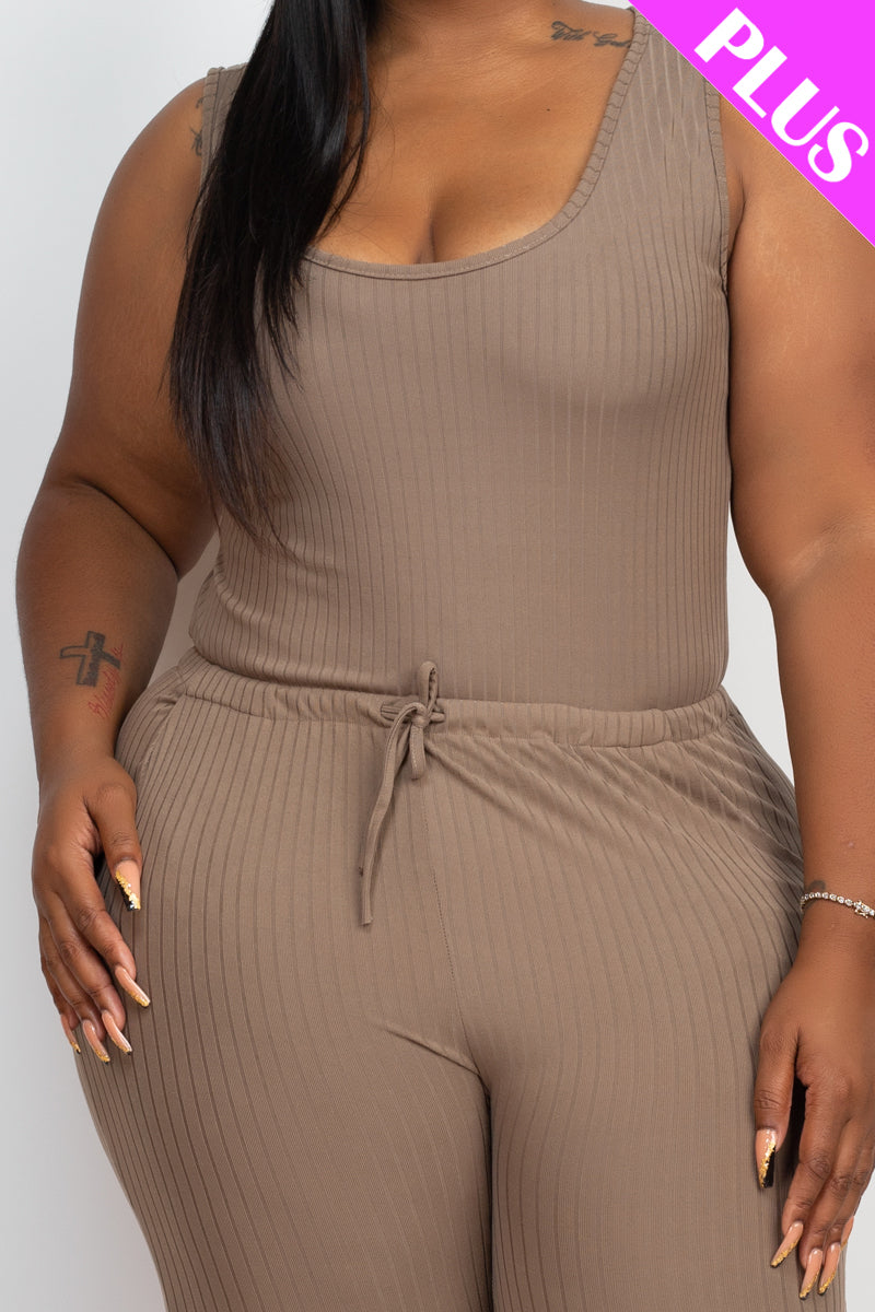 Ribbed Sleeveless Drawstring Waist Jumpsuit