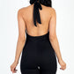 Casual Solid Halter V Neck Ribbed Bodycon Romper