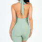Casual Solid Halter V Neck Ribbed Bodycon Romper