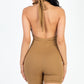 Casual Solid Halter V Neck Ribbed Bodycon Romper
