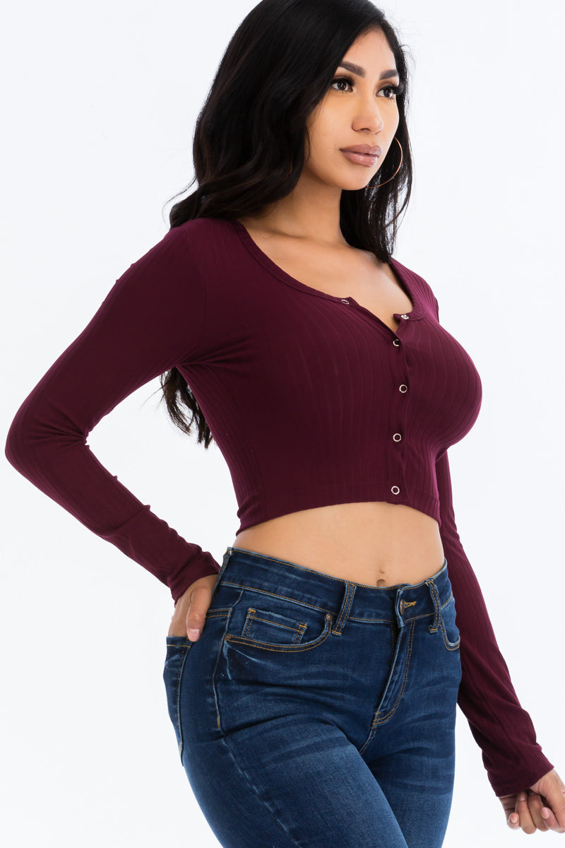 Ribbed Long Sleeve Snap Button Down Crop Top
