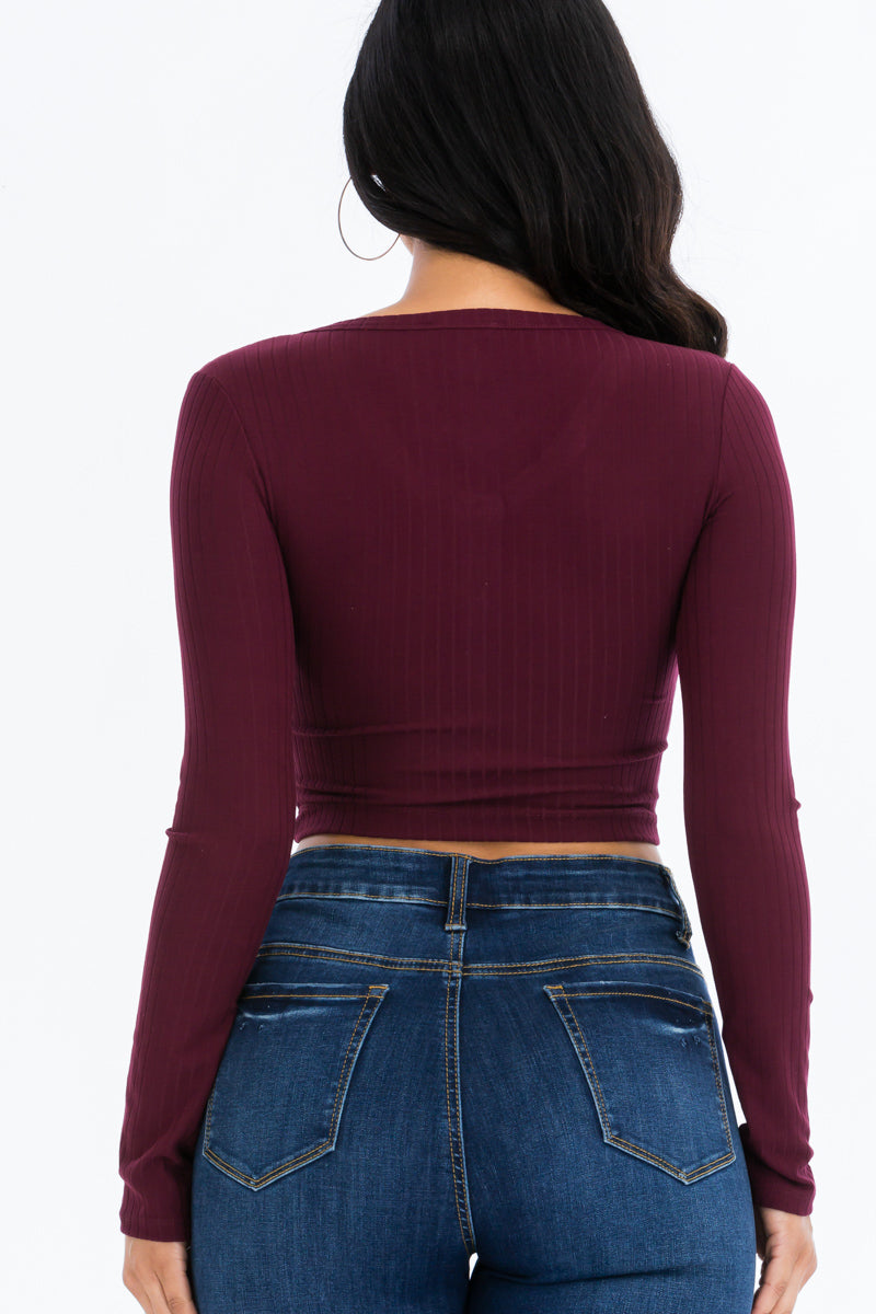 Ribbed Long Sleeve Snap Button Down Crop Top