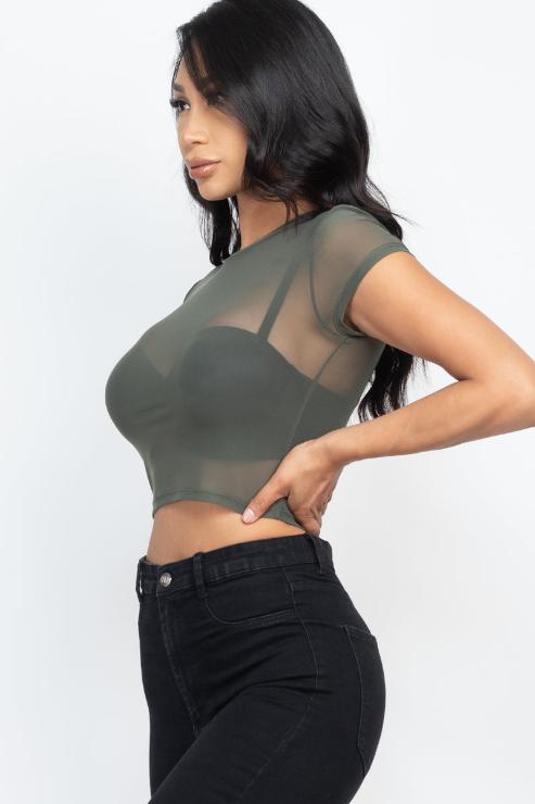 Sexy Mesh Sheer Short Sleeve Crop Top