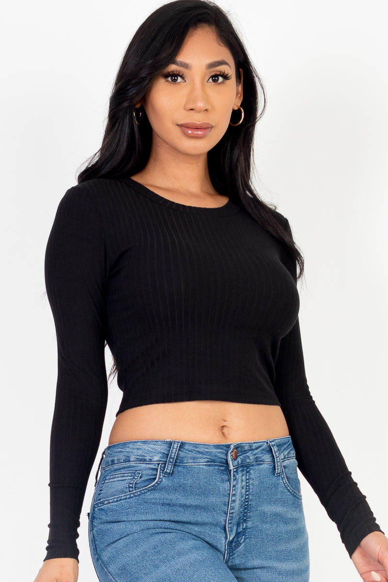 Long Sleeve Round Neck Basic Crop Top