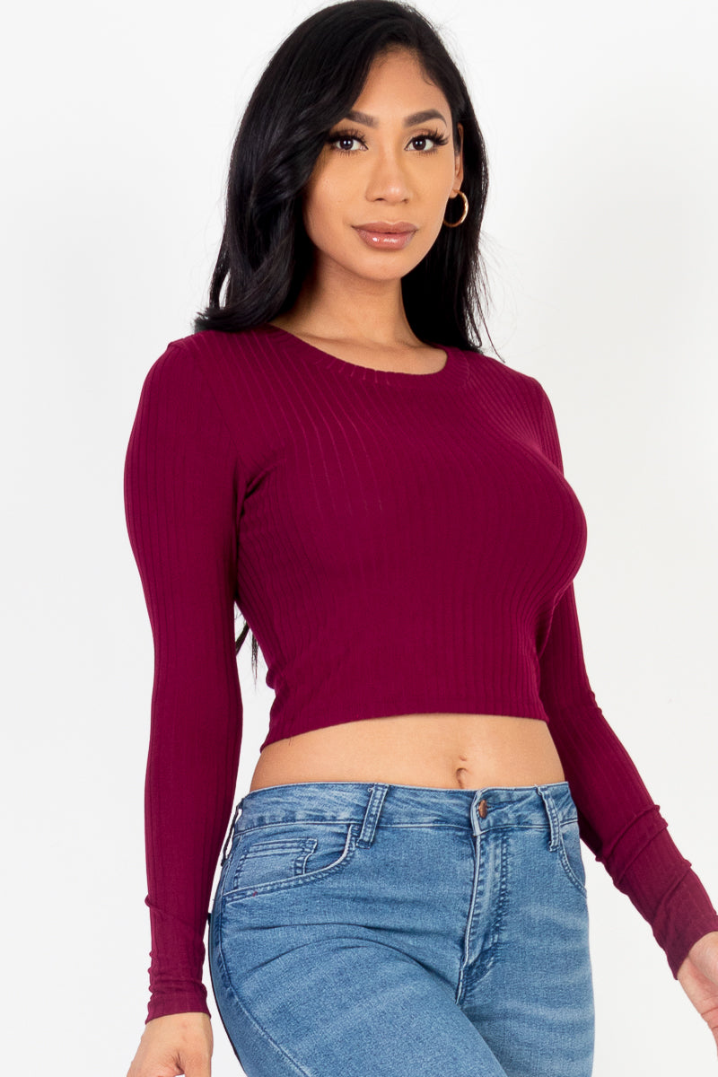 Long Sleeve Round Neck Basic Crop Top