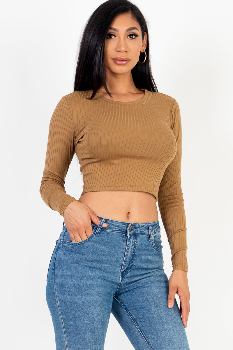 Long Sleeve Round Neck Basic Crop Top