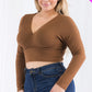 Plus Size Ribbed Wrap Front Long Sleeve Top